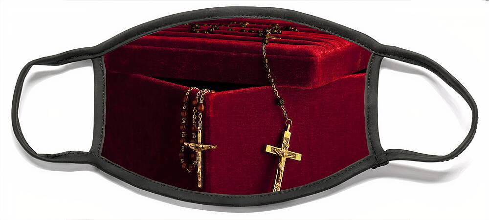 Catholic Face Mask featuring the photograph Red Velvet Box With Cross And Rosary #3 by Jim Corwin
