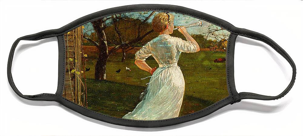 Winslow Homer Face Mask featuring the painting The Dinner Horn #3 by Winslow Homer