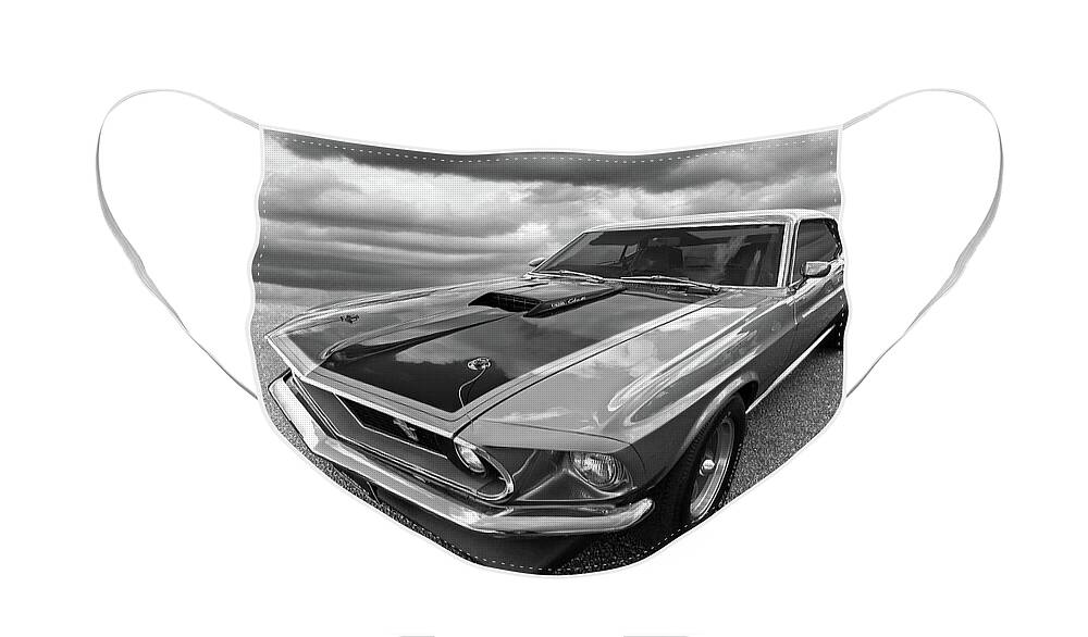 Ford Mustang Face Mask featuring the photograph 428 Cobra Jet Mach1 Ford Mustang 1969 in Black and White by Gill Billington