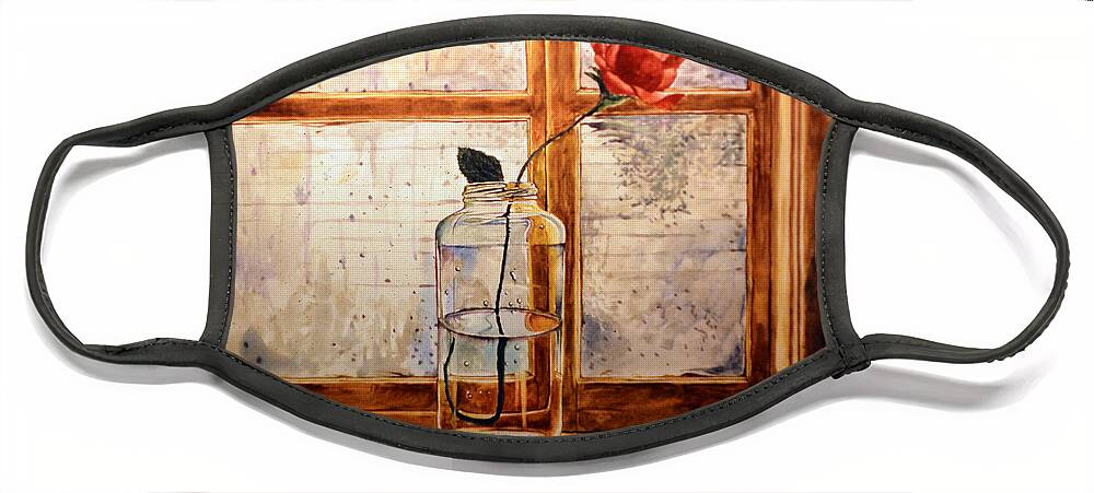 Rose Face Mask featuring the painting A rose in a glass jar on a rainy day by Christopher Shellhammer