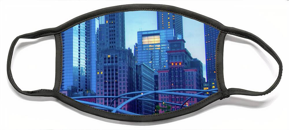 Amoco Bridge Face Mask featuring the photograph A View of Millenium Park from the Amoco Bridge in Chicago at Dus by David Levin