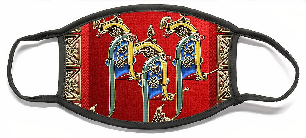 'celtic Treasures' Collection By Serge Averbukh Face Mask featuring the digital art A A A - Ancient Celtic Monogram on Red and Black by Serge Averbukh
