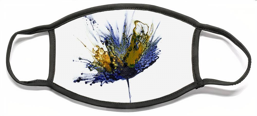 Flower Art Face Mask featuring the painting Abstract Flower Navy Blue Yellow 1 by Catherine Jeltes