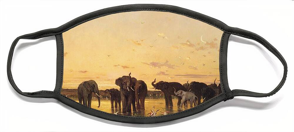 African Elephants (oil On Canvas) By Charles Emile De Tournemine (1812-72) Face Mask featuring the painting African Elephants by Charles Emile de Tournemine