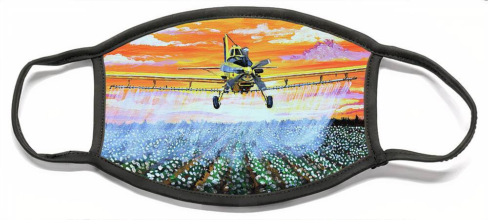 Air Tractor Face Mask featuring the painting Air Tractor at Sunset Over Cotton by Karl Wagner