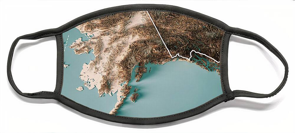Alaska Face Mask featuring the digital art Alaska State 3D Render Topographic Map Neutral Border by Frank Ramspott