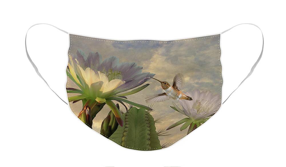 Hummingbird Face Mask featuring the digital art Allens Hummingbird and Cactus Flowers by M Spadecaller