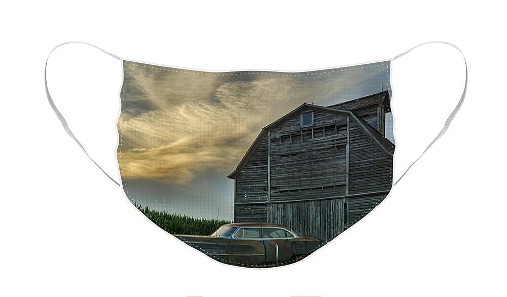 Cadillac Face Mask featuring the photograph An Old Cadillac by a barn and cornfield by Sven Brogren