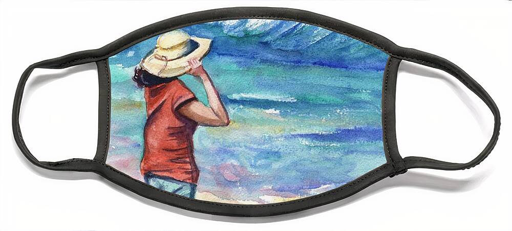 Woman On Beach Face Mask featuring the painting Another Nice Day at the Beach by Marionette Taboniar