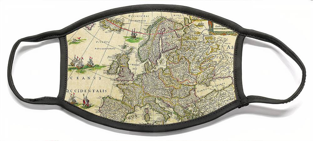 Antique Face Mask featuring the painting Antique Maps of the World Map of Europe Willem Blaeu c 1650 by Vintage Collectables