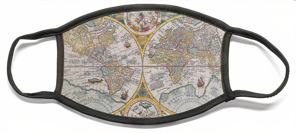 Antique Maps Of The World Face Mask featuring the digital art Antique Maps of the World Petrus Plancius c 1599 by Vintage Collectables