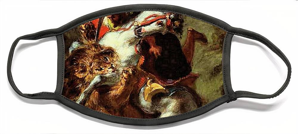 Arab Face Mask featuring the painting Arab Horseman Attacked by a Lion by Eugene Delacroix