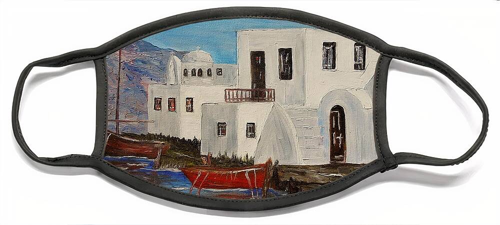 Boat Face Mask featuring the painting At home in Greece by Marilyn McNish