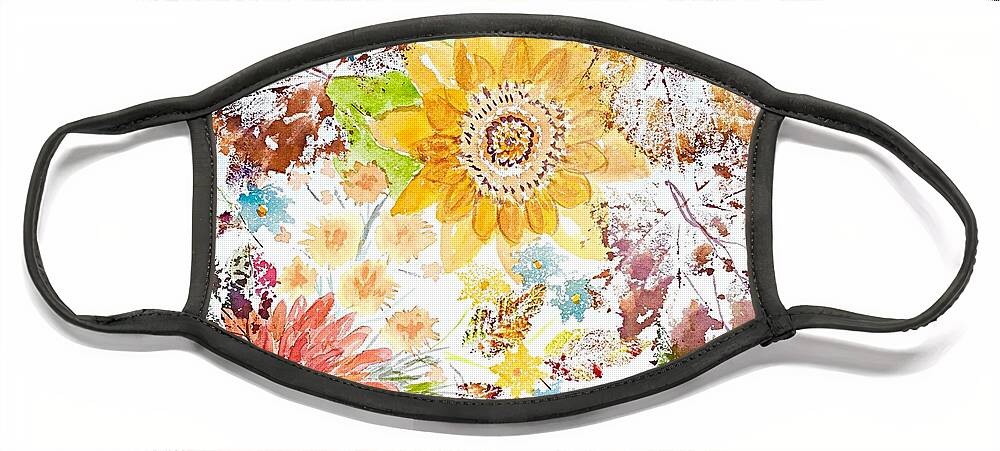 Autumn Face Mask featuring the painting Autumn Abstract Sunflowers and Leaves by Ellen Levinson