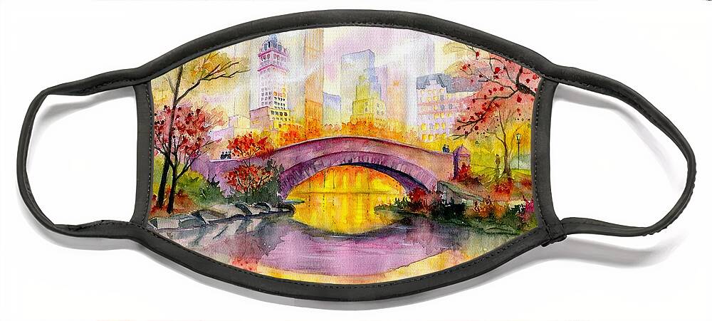 Autumn At Gapstow Bridge Central Park Face Mask featuring the painting Autumn at Gapstow Bridge Central Park by Melly Terpening