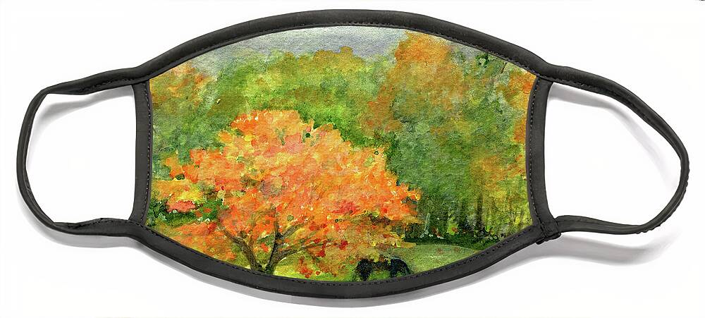 Watercolor Face Mask featuring the painting Autumn Maple with Horses Grazing by Laurie Rohner