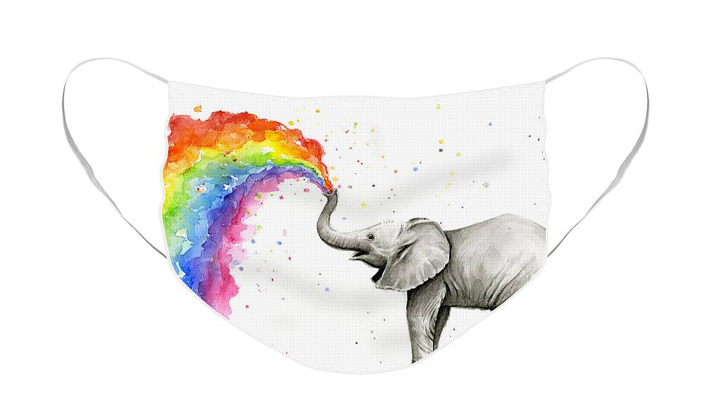Baby Face Mask featuring the painting Baby Elephant Spraying Rainbow by Olga Shvartsur