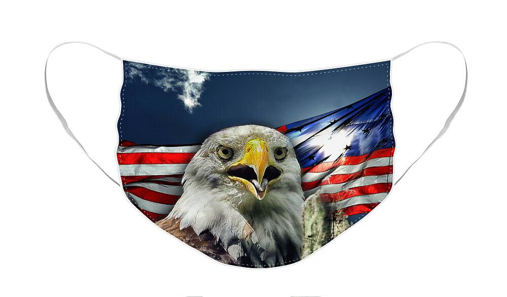Bald Eagle Face Mask featuring the photograph Bald Eagle and American Flag Patriotism by Bill Swartwout