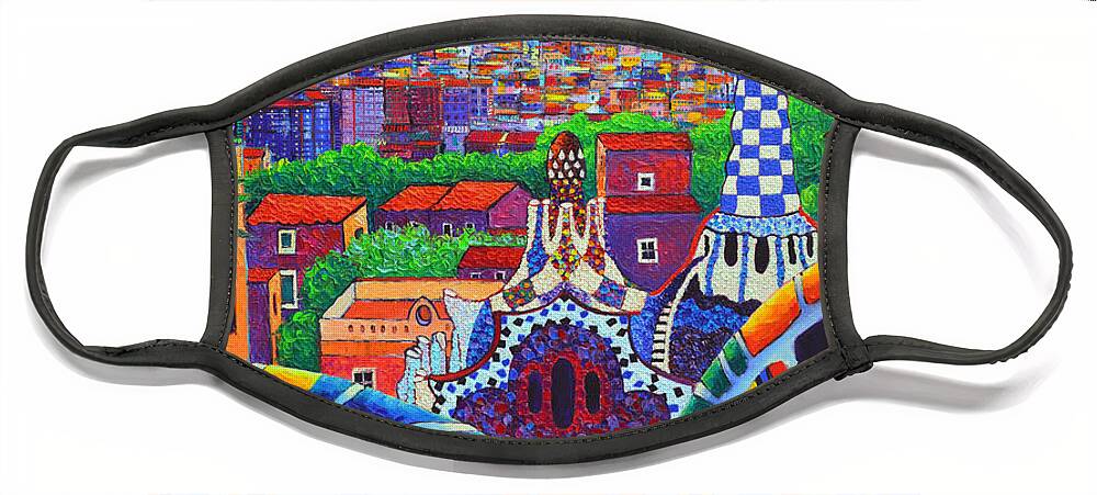 Barcelona Face Mask featuring the painting Barcelona Park Guell Sunrise Gaudi Tower Textural Impasto Knife Oil Painting By Ana Maria Edulescu by Ana Maria Edulescu
