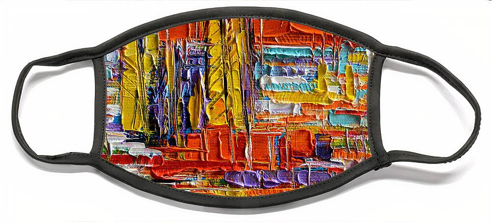 Barcelona View From Parc Guell Face Mask featuring the painting BARCELONA SAGRADA FAMILIA VIEW FROM PARC GUELL abstract palette knife oil painting by Mona Edulesco