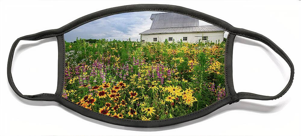 Gloriosa Daisy Face Mask featuring the photograph Barn and Wildflowers by Ron Pate