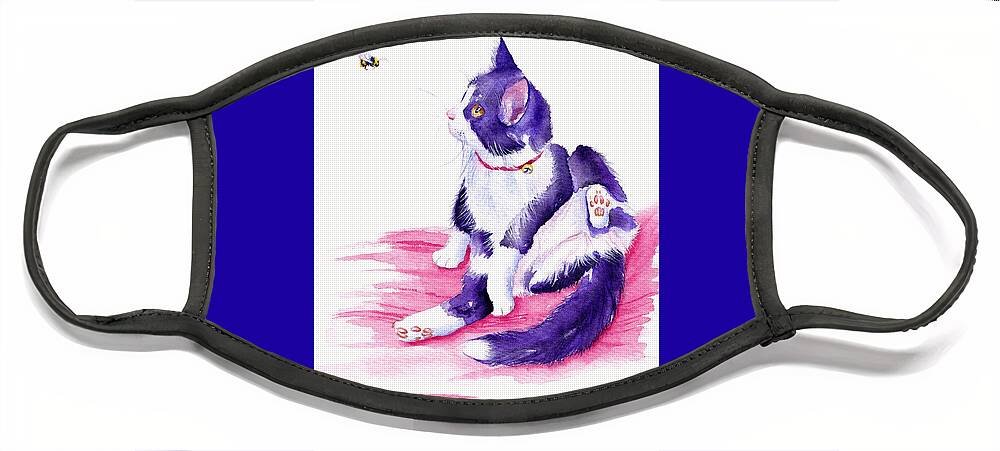 Black And White Cat Face Mask featuring the painting Bee Interrupted - Tuxedo Cat by Debra Hall