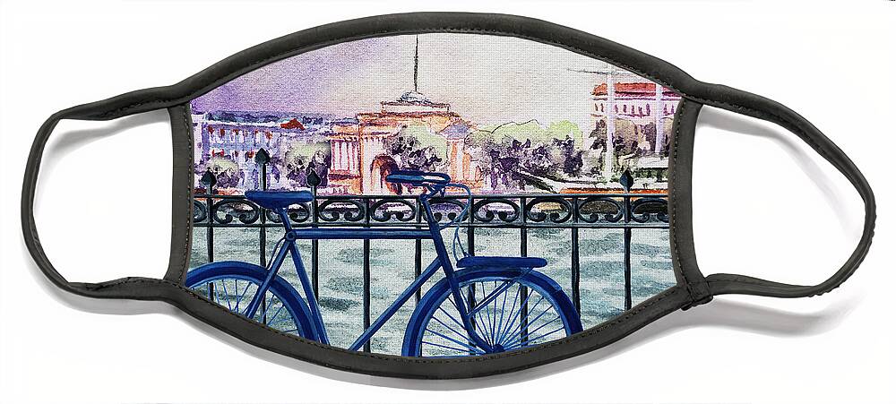 Bicycle Ride To The City Face Mask featuring the painting Bicycle Ride To The City by Irina Sztukowski