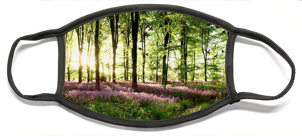 Bluebells Face Mask featuring the photograph Birds flying though bluebell wood by Simon Bratt