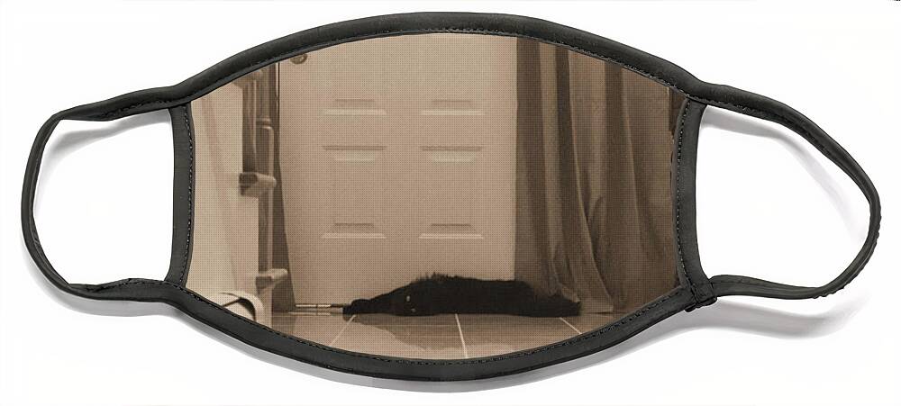 Sepia Photography Face Mask featuring the photograph Black Cat in Hall by Geoff Jewett