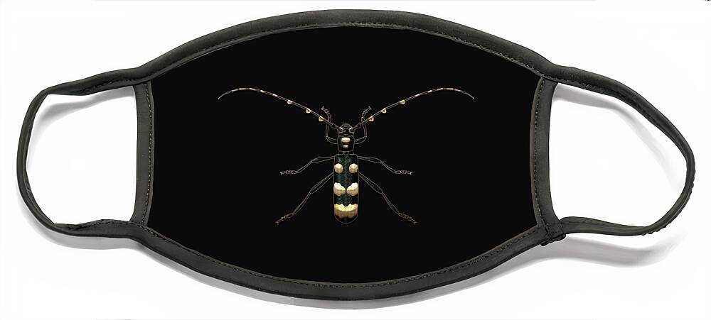 'beasts Creatures And Critters' Collection By Serge Averbukh Face Mask featuring the digital art Black Longhorn Beetle with Gold Accents on Black Canvas by Serge Averbukh