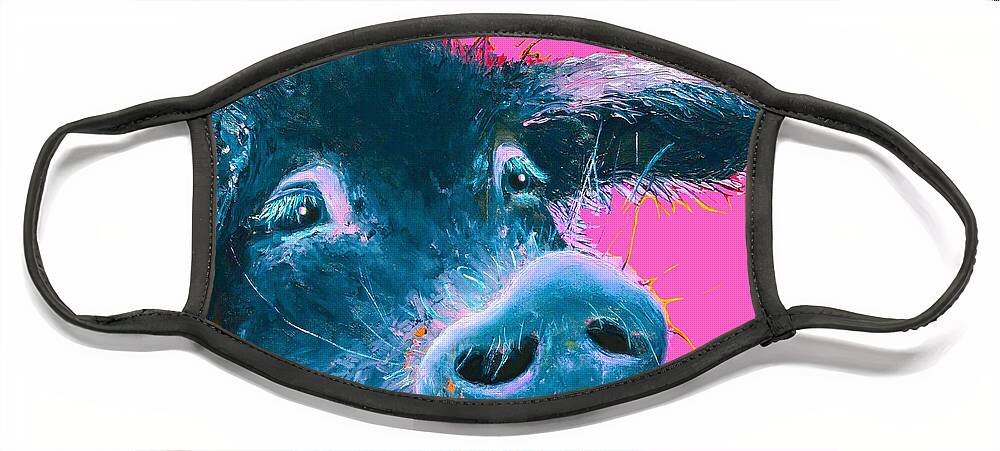 Pig Face Mask featuring the painting Black Pig painting on pink background by Jan Matson