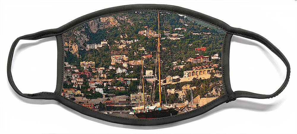 Villefranche Face Mask featuring the photograph Black Sailboat At Villefranche II by Steven Sparks