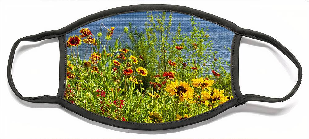 Michigan Face Mask featuring the photograph Blooming Flowers by the Bridge at the Straits of Mackinac by Randall Nyhof
