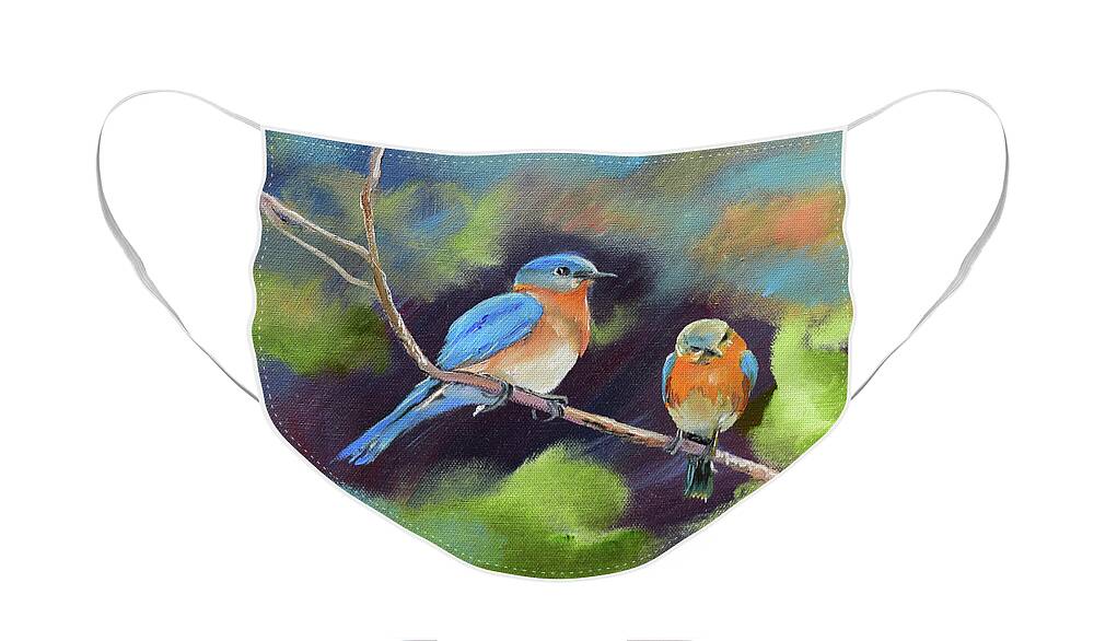 Blue Birds Face Mask featuring the painting Blue Birds - Soul mates by Jan Dappen