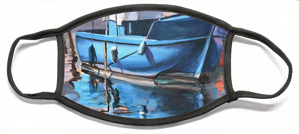 Water Face Mask featuring the painting Blue Fishing Boat by Donna Tuten