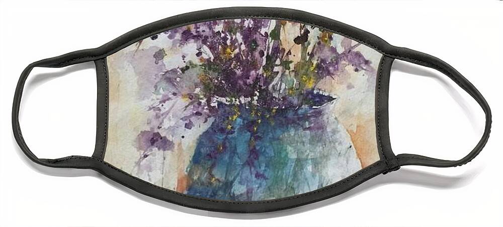 Wildflowers Face Mask featuring the painting Blue Vase of Lavender and Wildflowers aka Vase Bleu Lavande et Wildflowers by Robin Miller-Bookhout