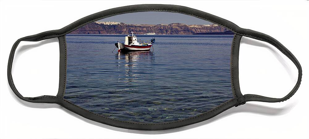 Santorini Face Mask featuring the photograph Boat in a Caldera by Jeremy Hayden
