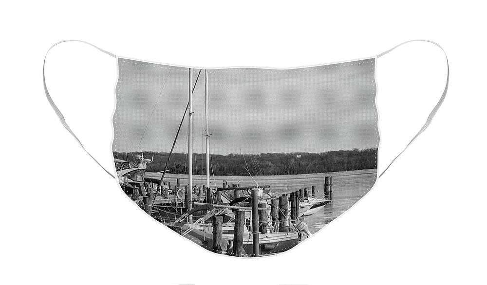 Boats Face Mask featuring the photograph Boats In Icy Harbor in Black and White by Liz Albro