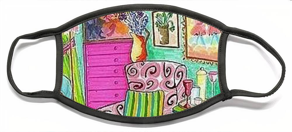 Boho Face Mask featuring the drawing Boho Chic -- Colorful Interior Scene by Jayne Somogy