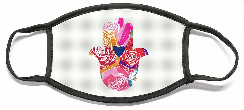 Floral Face Mask featuring the mixed media Bold Floral Hamsa- Art by Linda Woods by Linda Woods