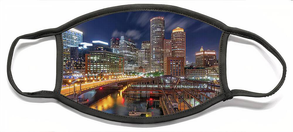 Boston Face Mask featuring the photograph Boston's Skyline at Night by Kristen Wilkinson