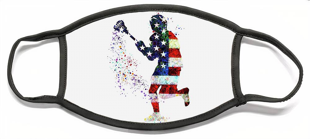 Lacrosse Boy Player Sports Art Print Flag Of The United States Watercolor Print Boy's Lacrosse Illustration Face Mask featuring the digital art Boy Lacrosse Player Sports Print Flag of the United States Watercolor Print Boy's Lacrosse Art by White Lotus