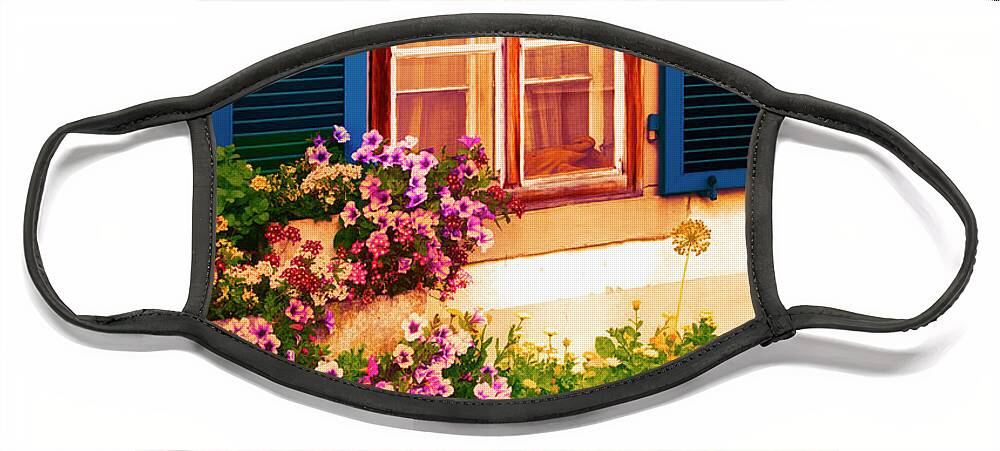 Austria Face Mask featuring the photograph Bright Blue Shutters in the Garden by Debra and Dave Vanderlaan
