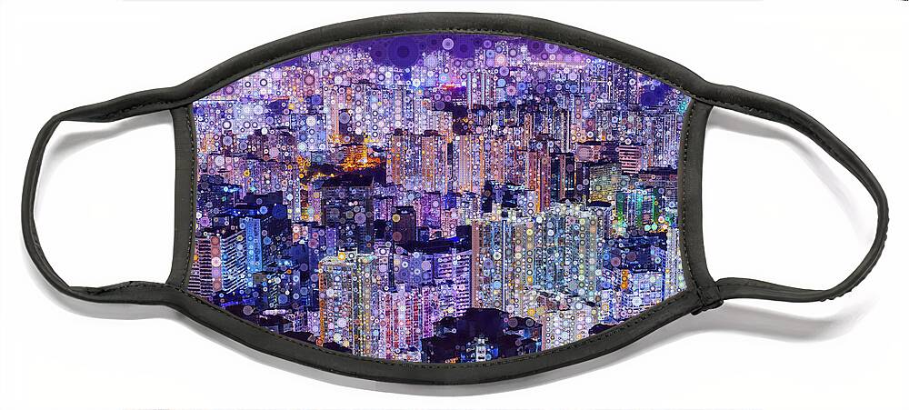 Hong Kong Face Mask featuring the mixed media Bright Lights, Big City by Susan Maxwell Schmidt