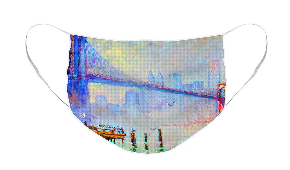 Brooklyn Bridge Face Mask featuring the painting Brooklyn Bridge in a Foggy Morning by Ylli Haruni