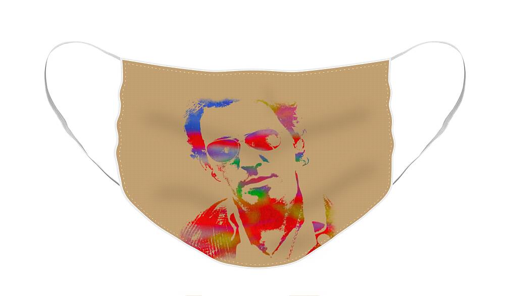Bruce Springsteen Watercolor Portrait On Worn Distressed Canvas Face Mask featuring the mixed media Bruce Springsteen Watercolor Portrait on Worn Distressed Canvas by Design Turnpike