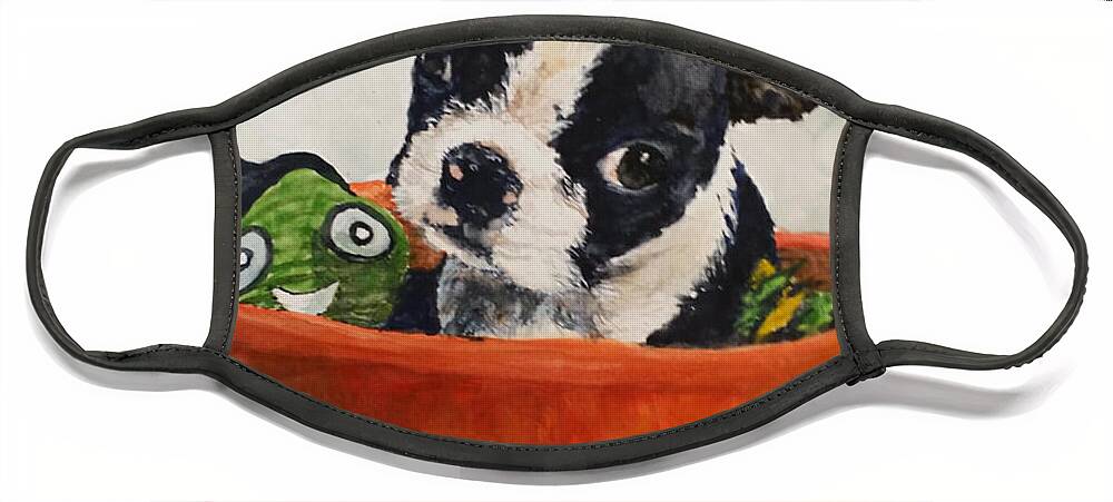Boston Terrier Face Mask featuring the painting Bucket List by Cheryl Wallace