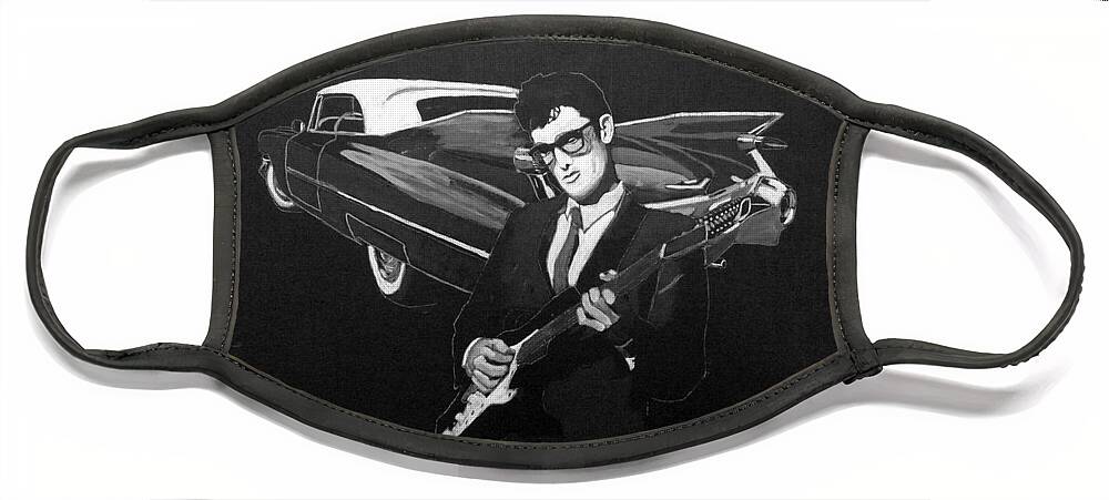 Car Face Mask featuring the painting Buddy Holly and 1959 Cadillac by Richard Le Page