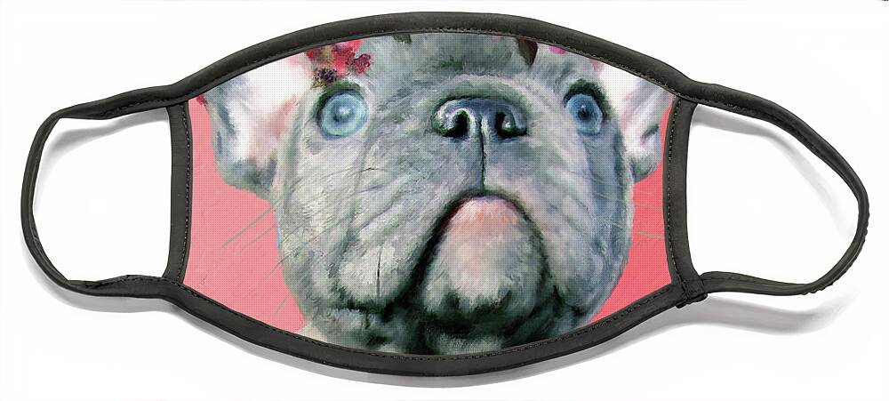 Bulldog Face Mask featuring the painting Bulldog with Flowers by Portraits By NC