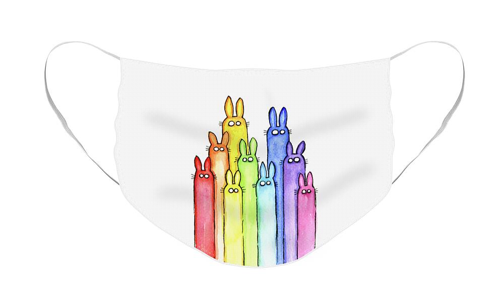 Baby Face Mask featuring the painting Bunny Rabbits Watercolor Rainbow by Olga Shvartsur